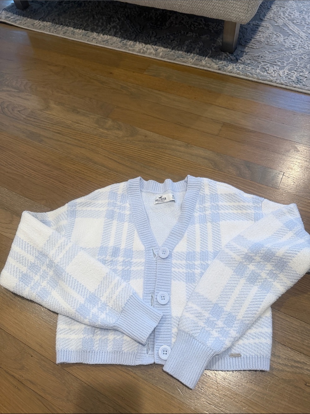 Hollister Light Blue & White Plaid Button-Front Cardigan